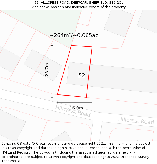 52, HILLCREST ROAD, DEEPCAR, SHEFFIELD, S36 2QL: Plot and title map