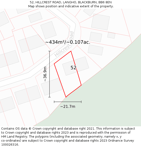 52, HILLCREST ROAD, LANGHO, BLACKBURN, BB6 8EN: Plot and title map