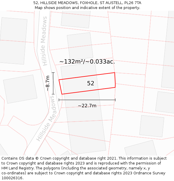 52, HILLSIDE MEADOWS, FOXHOLE, ST AUSTELL, PL26 7TA: Plot and title map