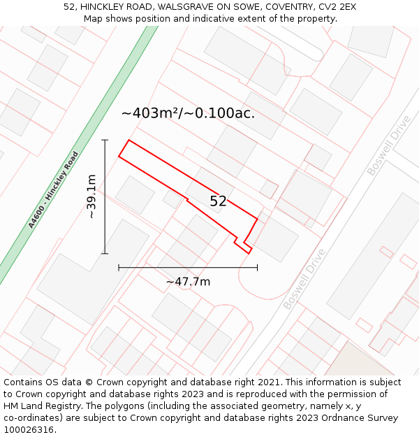 52, HINCKLEY ROAD, WALSGRAVE ON SOWE, COVENTRY, CV2 2EX: Plot and title map