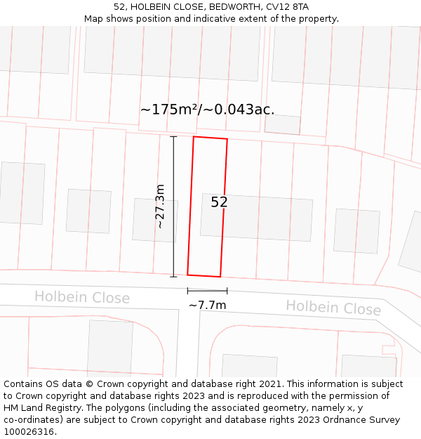 52, HOLBEIN CLOSE, BEDWORTH, CV12 8TA: Plot and title map