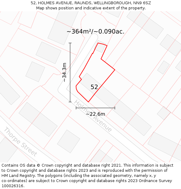 52, HOLMES AVENUE, RAUNDS, WELLINGBOROUGH, NN9 6SZ: Plot and title map