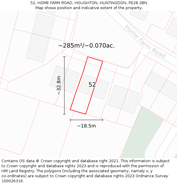 52, HOME FARM ROAD, HOUGHTON, HUNTINGDON, PE28 2BN: Plot and title map