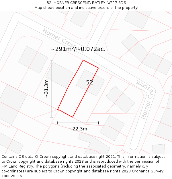 52, HORNER CRESCENT, BATLEY, WF17 8DS: Plot and title map