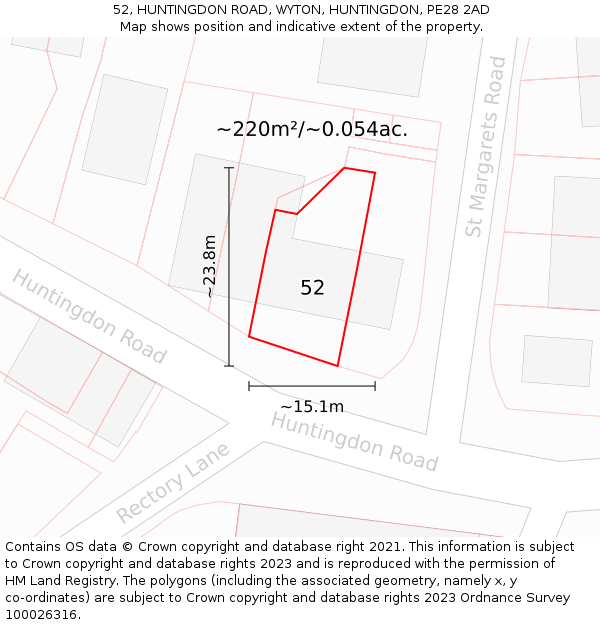 52, HUNTINGDON ROAD, WYTON, HUNTINGDON, PE28 2AD: Plot and title map