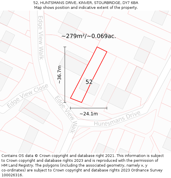 52, HUNTSMANS DRIVE, KINVER, STOURBRIDGE, DY7 6BA: Plot and title map