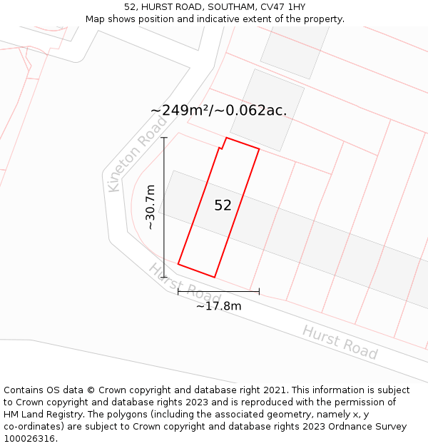 52, HURST ROAD, SOUTHAM, CV47 1HY: Plot and title map