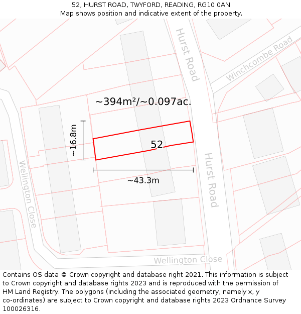 52, HURST ROAD, TWYFORD, READING, RG10 0AN: Plot and title map