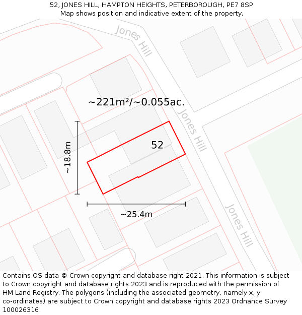 52, JONES HILL, HAMPTON HEIGHTS, PETERBOROUGH, PE7 8SP: Plot and title map