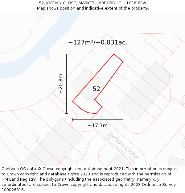 52, JORDAN CLOSE, MARKET HARBOROUGH, LE16 8EW: Plot and title map