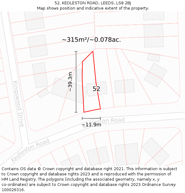 52, KEDLESTON ROAD, LEEDS, LS8 2BJ: Plot and title map