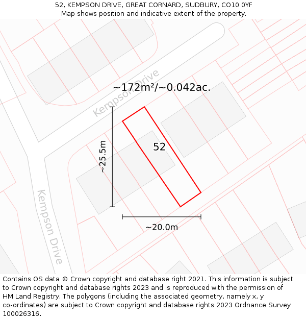 52, KEMPSON DRIVE, GREAT CORNARD, SUDBURY, CO10 0YF: Plot and title map
