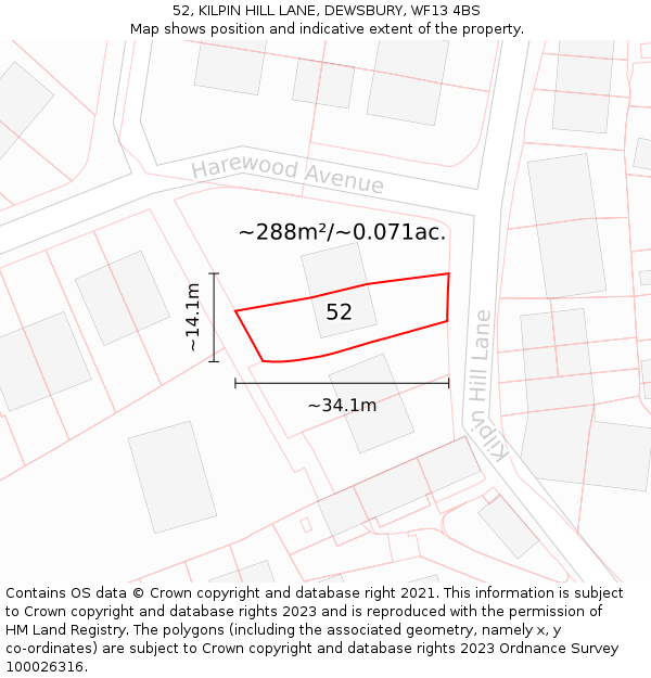 52, KILPIN HILL LANE, DEWSBURY, WF13 4BS: Plot and title map