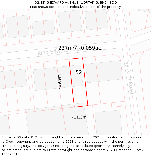 52, KING EDWARD AVENUE, WORTHING, BN14 8DD: Plot and title map