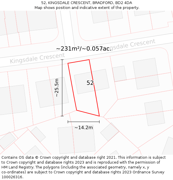 52, KINGSDALE CRESCENT, BRADFORD, BD2 4DA: Plot and title map