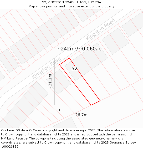 52, KINGSTON ROAD, LUTON, LU2 7SA: Plot and title map
