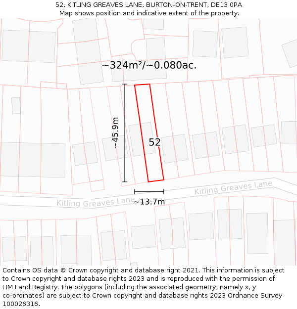 52, KITLING GREAVES LANE, BURTON-ON-TRENT, DE13 0PA: Plot and title map