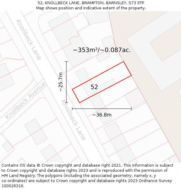 52, KNOLLBECK LANE, BRAMPTON, BARNSLEY, S73 0TP: Plot and title map