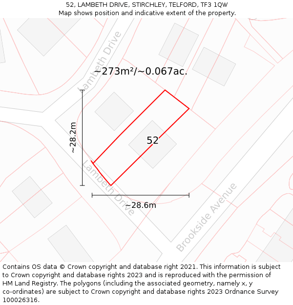 52, LAMBETH DRIVE, STIRCHLEY, TELFORD, TF3 1QW: Plot and title map