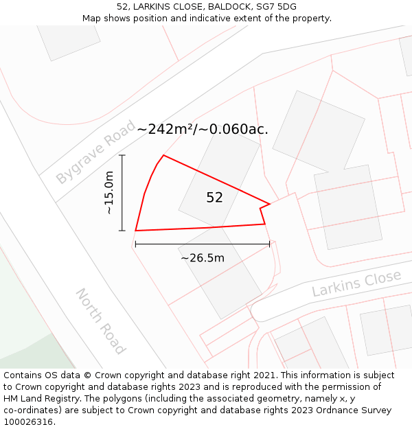 52, LARKINS CLOSE, BALDOCK, SG7 5DG: Plot and title map