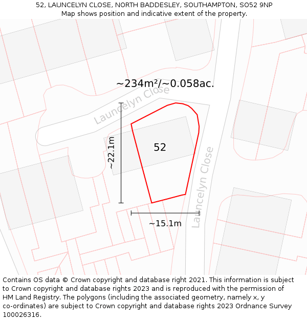 52, LAUNCELYN CLOSE, NORTH BADDESLEY, SOUTHAMPTON, SO52 9NP: Plot and title map