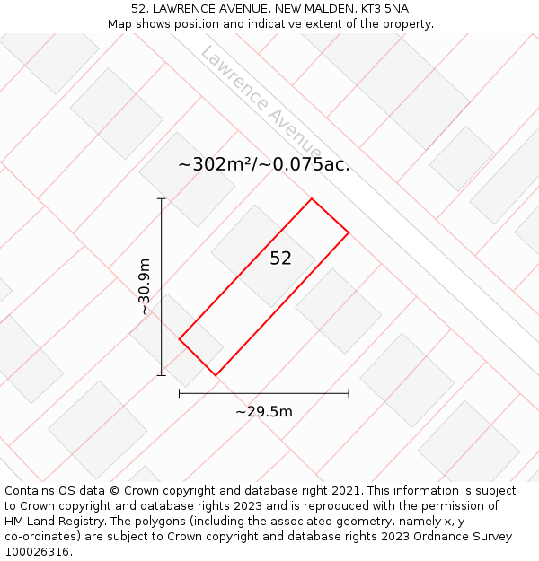 52, LAWRENCE AVENUE, NEW MALDEN, KT3 5NA: Plot and title map