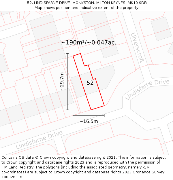 52, LINDISFARNE DRIVE, MONKSTON, MILTON KEYNES, MK10 9DB: Plot and title map