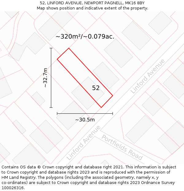 52, LINFORD AVENUE, NEWPORT PAGNELL, MK16 8BY: Plot and title map