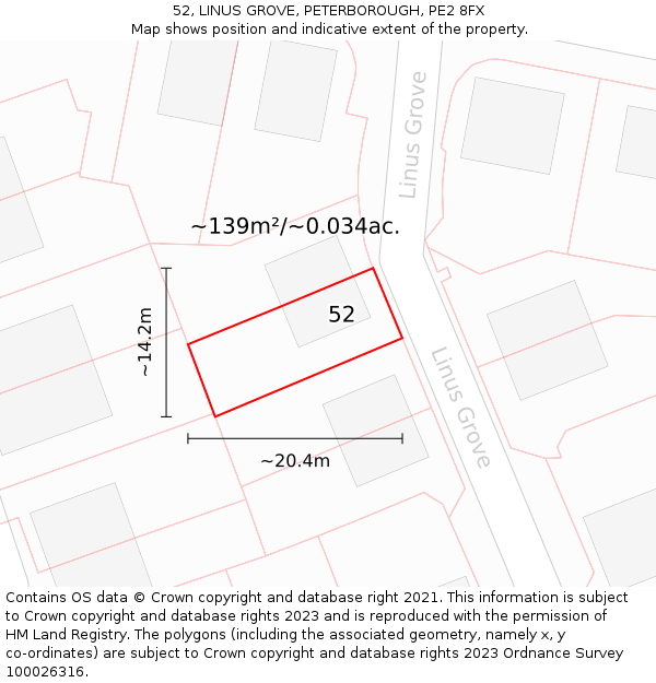 52, LINUS GROVE, PETERBOROUGH, PE2 8FX: Plot and title map