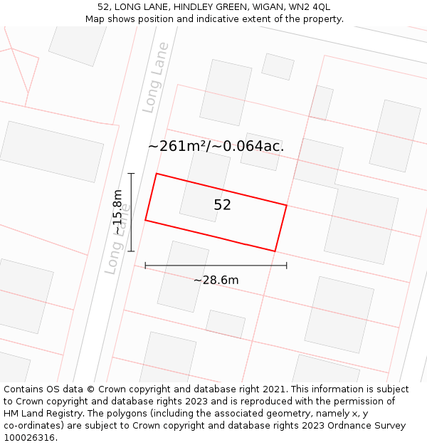 52, LONG LANE, HINDLEY GREEN, WIGAN, WN2 4QL: Plot and title map