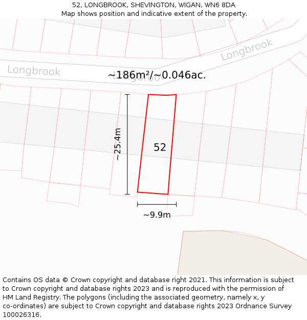 52, LONGBROOK, SHEVINGTON, WIGAN, WN6 8DA: Plot and title map