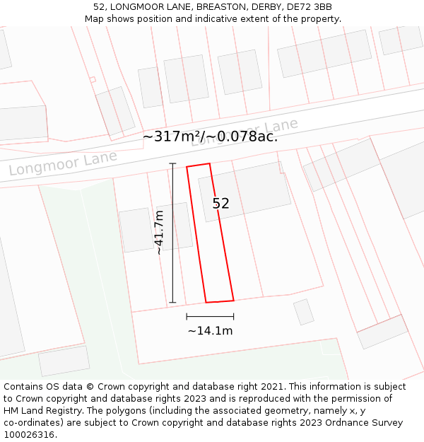 52, LONGMOOR LANE, BREASTON, DERBY, DE72 3BB: Plot and title map