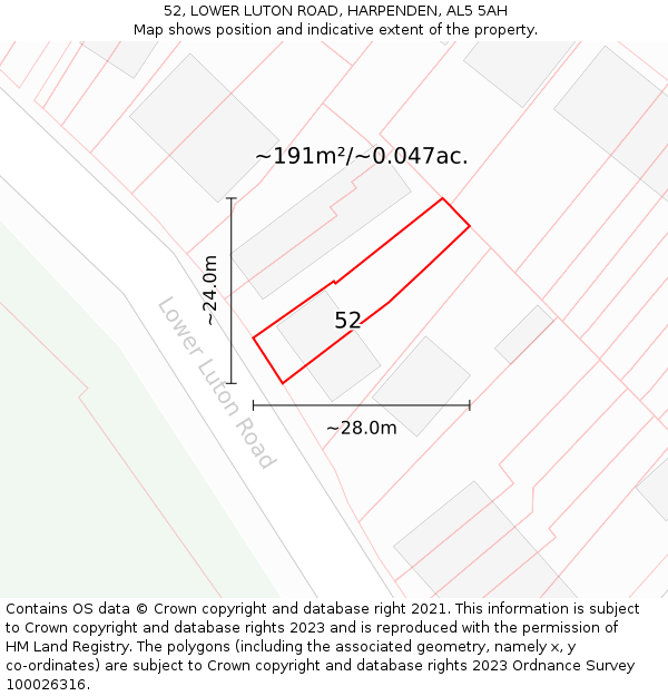 52, LOWER LUTON ROAD, HARPENDEN, AL5 5AH: Plot and title map