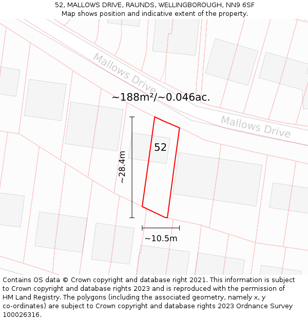 52, MALLOWS DRIVE, RAUNDS, WELLINGBOROUGH, NN9 6SF: Plot and title map