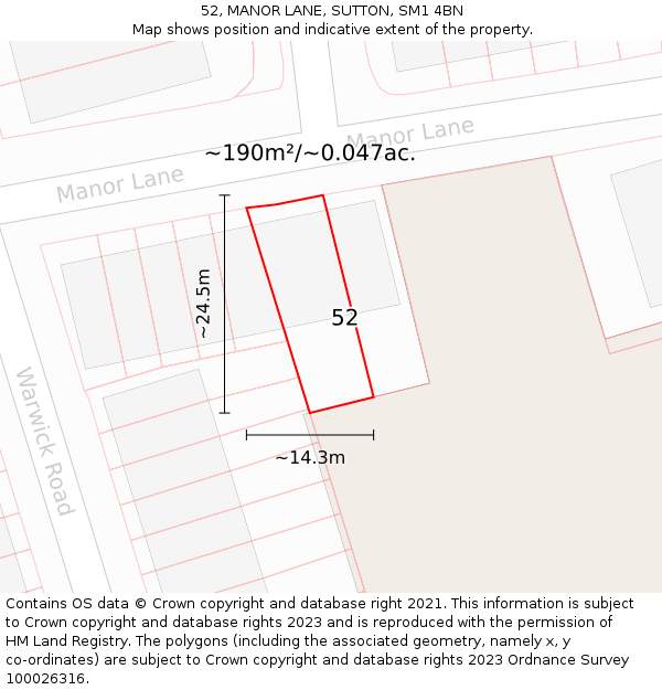 52, MANOR LANE, SUTTON, SM1 4BN: Plot and title map
