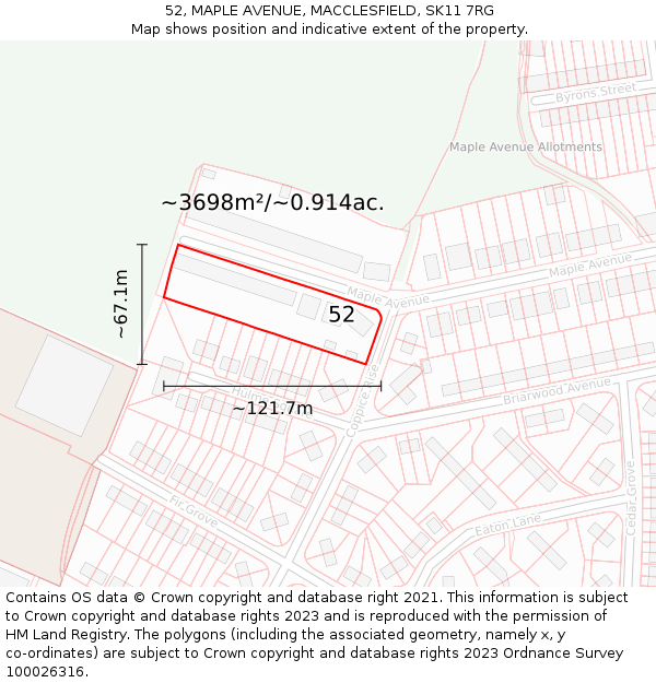 52, MAPLE AVENUE, MACCLESFIELD, SK11 7RG: Plot and title map