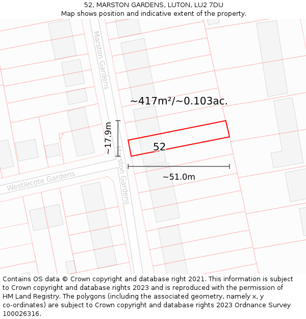 52, MARSTON GARDENS, LUTON, LU2 7DU: Plot and title map
