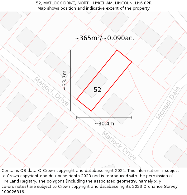 52, MATLOCK DRIVE, NORTH HYKEHAM, LINCOLN, LN6 8PR: Plot and title map