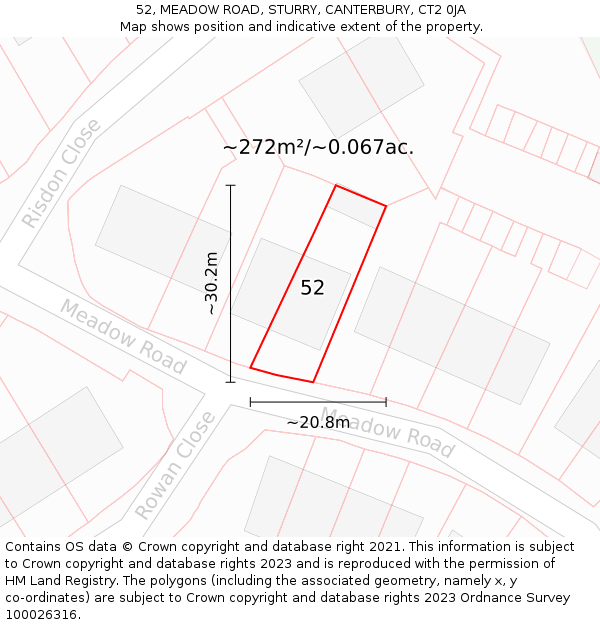 52, MEADOW ROAD, STURRY, CANTERBURY, CT2 0JA: Plot and title map