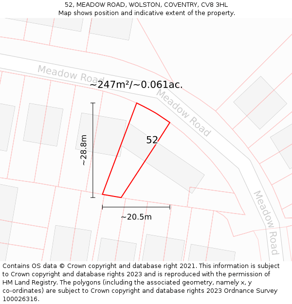 52, MEADOW ROAD, WOLSTON, COVENTRY, CV8 3HL: Plot and title map
