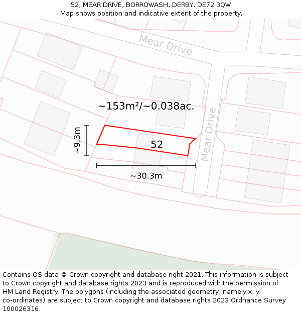 52, MEAR DRIVE, BORROWASH, DERBY, DE72 3QW: Plot and title map