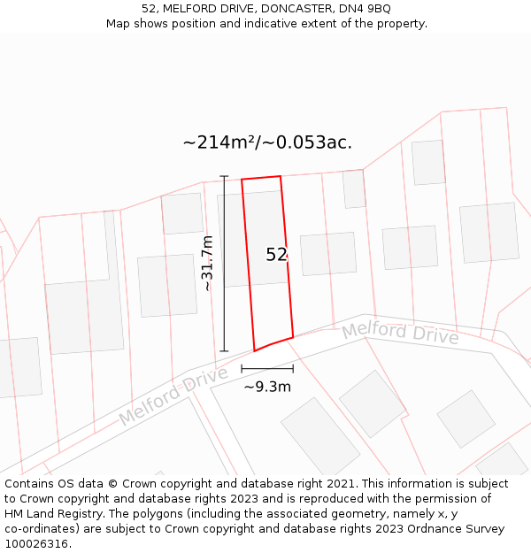 52, MELFORD DRIVE, DONCASTER, DN4 9BQ: Plot and title map