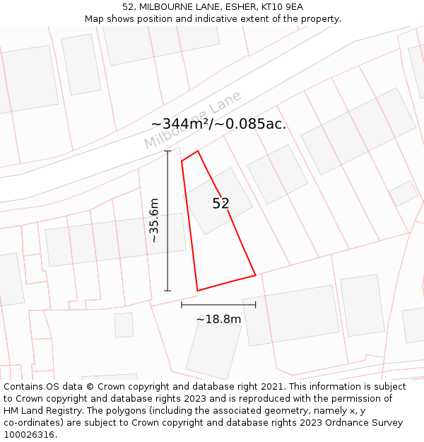 52, MILBOURNE LANE, ESHER, KT10 9EA: Plot and title map