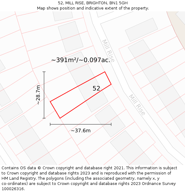 52, MILL RISE, BRIGHTON, BN1 5GH: Plot and title map