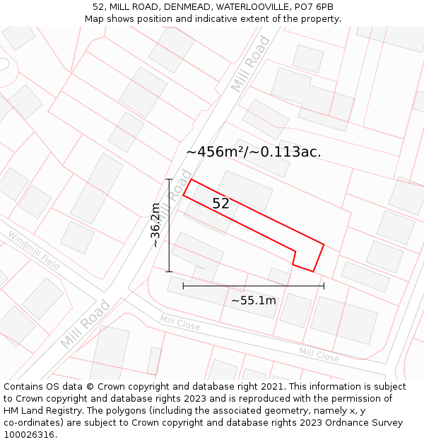 52, MILL ROAD, DENMEAD, WATERLOOVILLE, PO7 6PB: Plot and title map