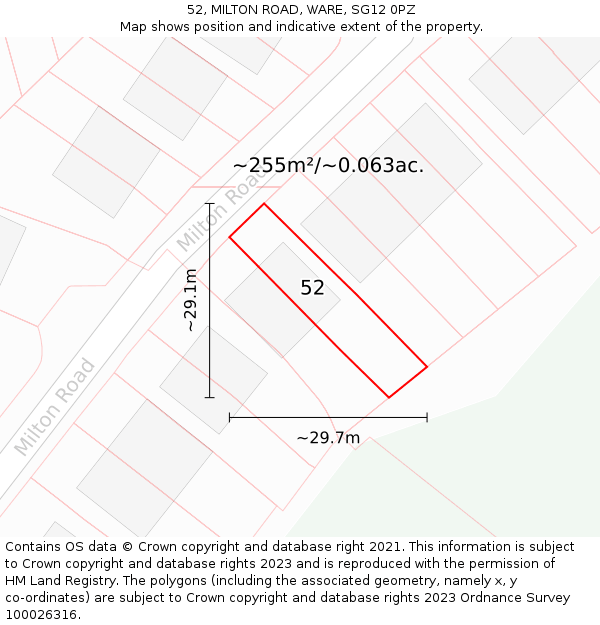 52, MILTON ROAD, WARE, SG12 0PZ: Plot and title map