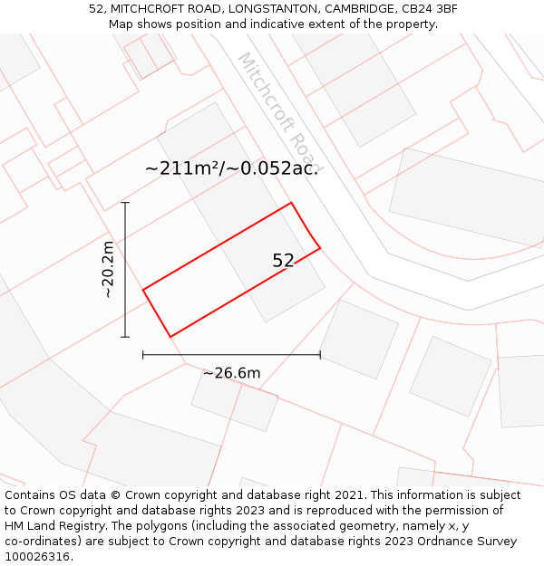52, MITCHCROFT ROAD, LONGSTANTON, CAMBRIDGE, CB24 3BF: Plot and title map