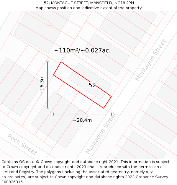 52, MONTAGUE STREET, MANSFIELD, NG18 2PN: Plot and title map