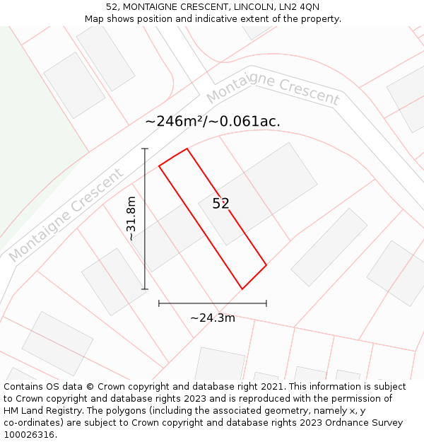 52, MONTAIGNE CRESCENT, LINCOLN, LN2 4QN: Plot and title map