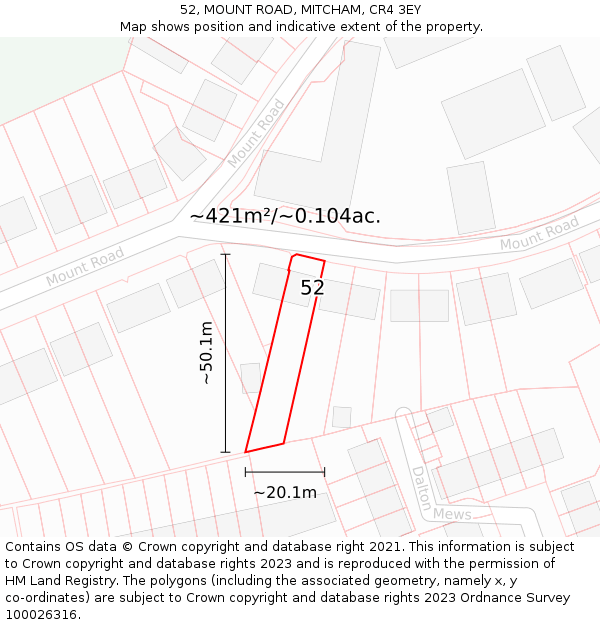 52, MOUNT ROAD, MITCHAM, CR4 3EY: Plot and title map